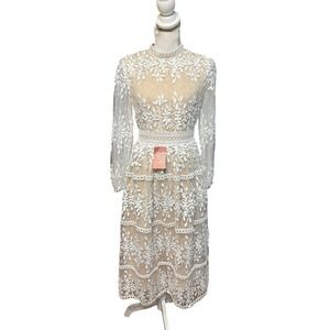 IVY CITY Sicily Dress White Lace Overlay Champagne Lining Mock Neck Midi Size S